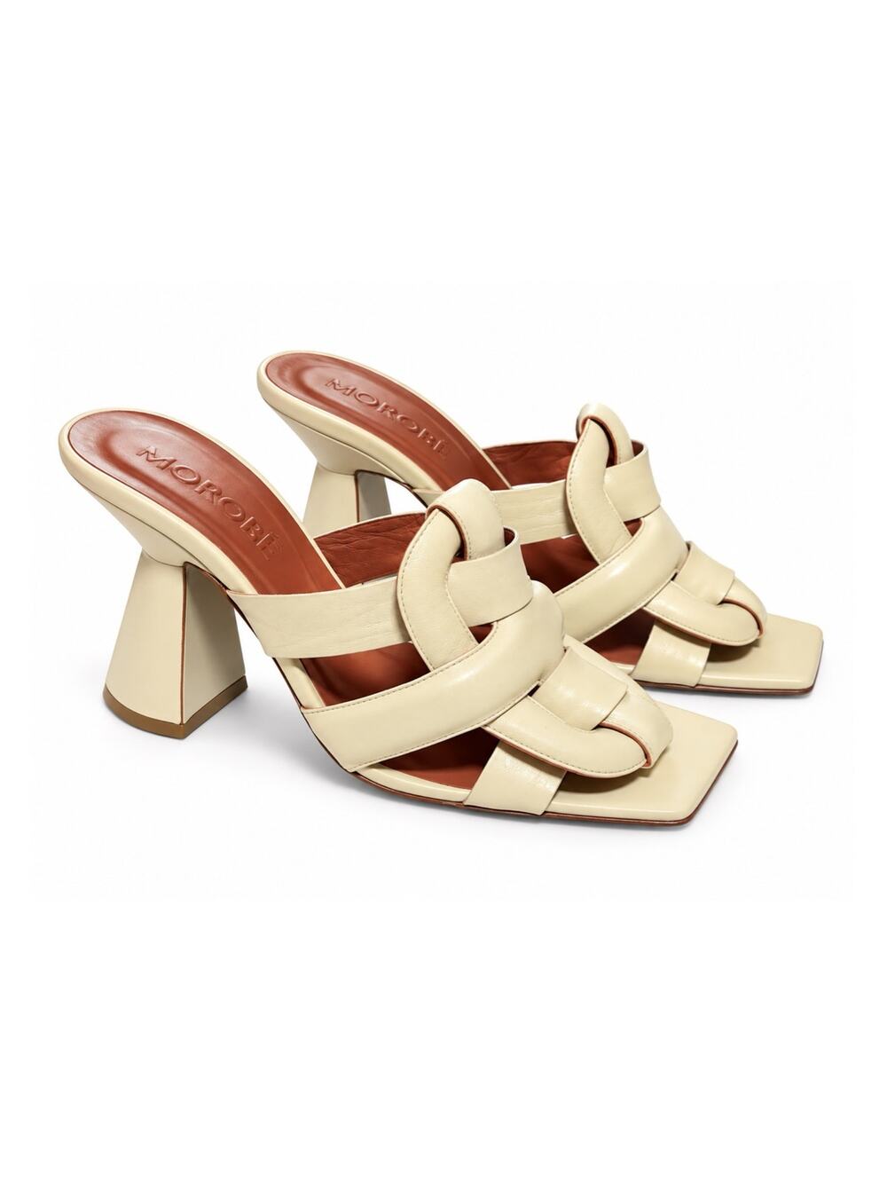 Morobē Rita Square Off White Leather Heeled Mule Sandals Size 40.5 10.5